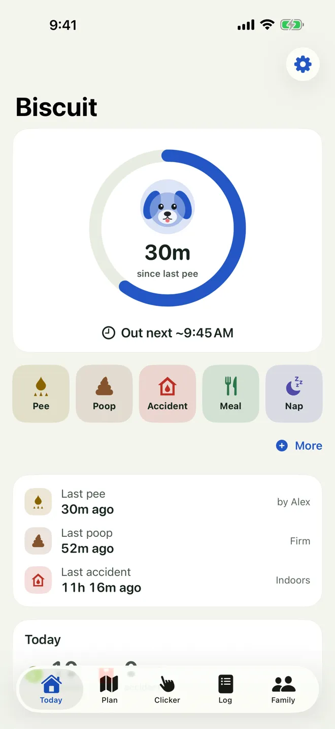 Today: 30 minutes since the last pee, out next around 2:11 PM, quick buttons for pee, poop, accident, meal and nap.